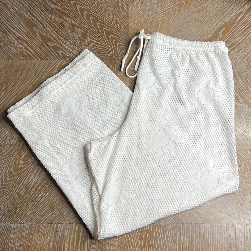 BEACH CABANA White Sun Print Mesh Poolside Resort Coverup Pants L (12-14)
